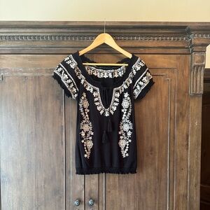INC International Embroidered and beaded Bohemian Black and White Women's Top